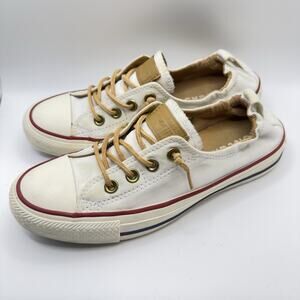 Converse Chuck Taylor All Star Low Top White Canvas Tan Laces Red Blue W 7.5